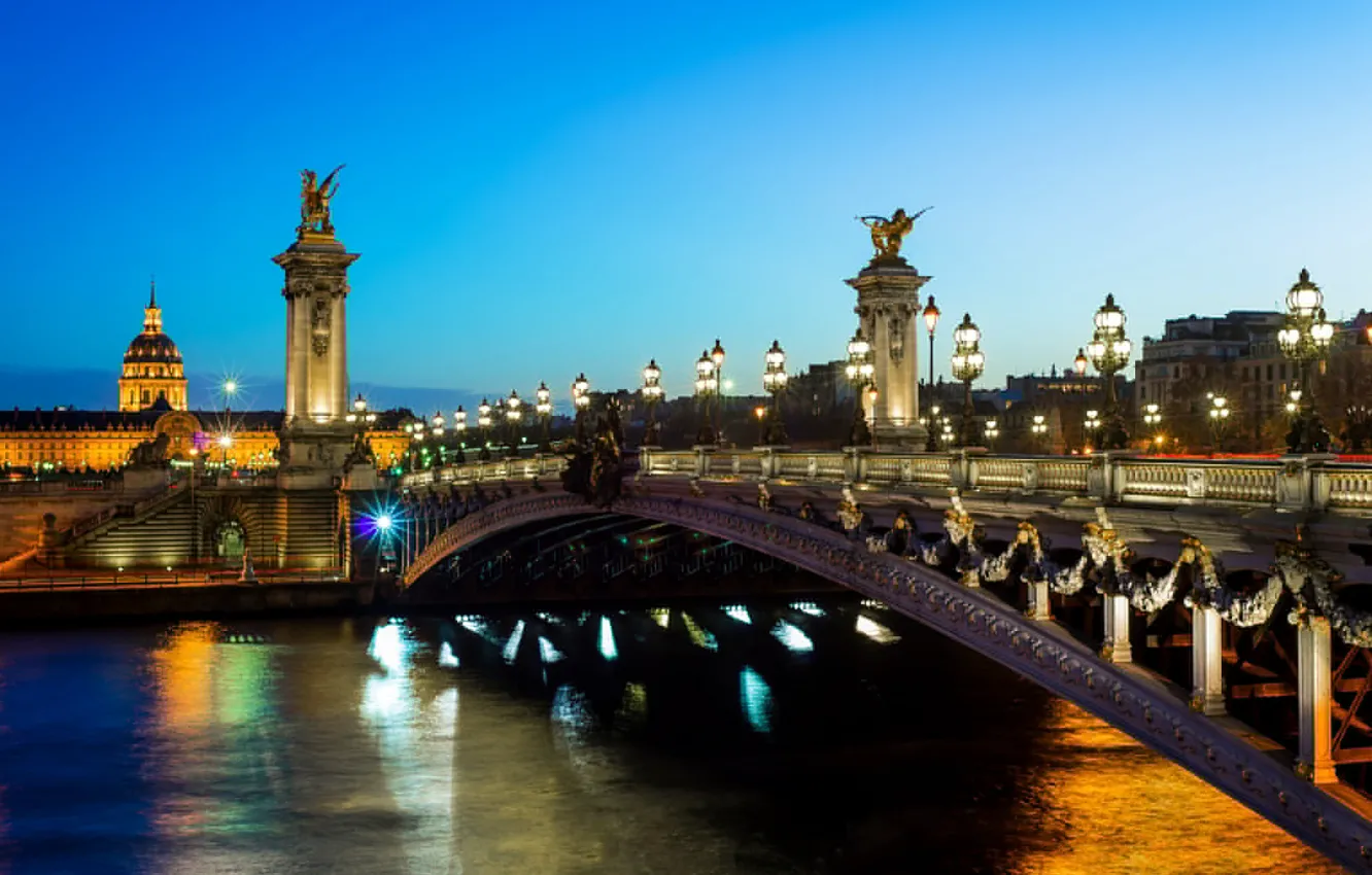 Photo wallpaper light, bridge, the city, river, France, Paris, the evening, lighting