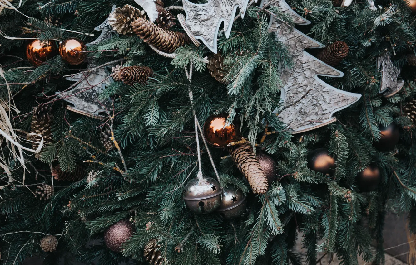 Photo wallpaper holiday, tree, new year, Christmas, ball, decoration, bumps