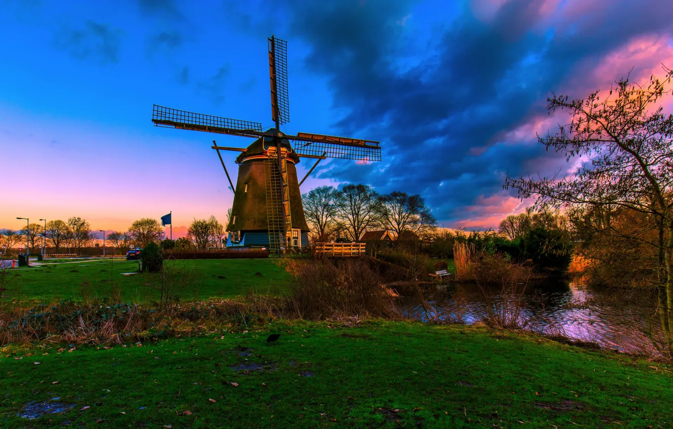Photo wallpaper the evening, mill, river, Netherlands, Holland
