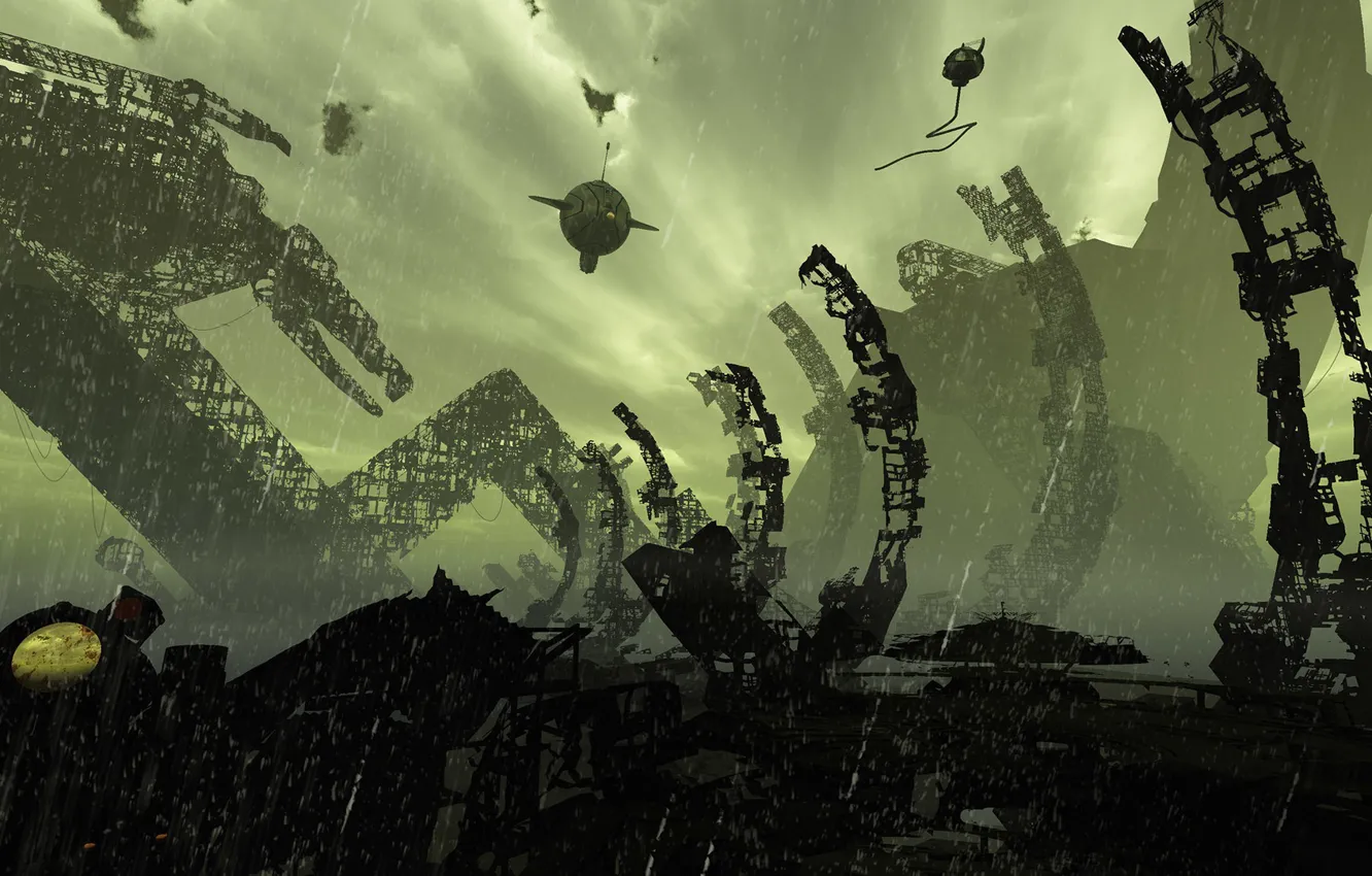 Photo wallpaper rain, construction, object, camera, Scrapyard