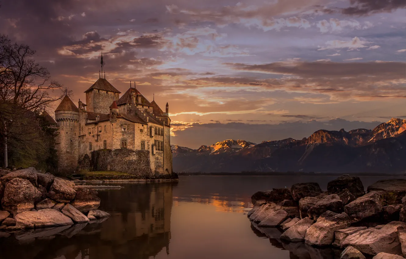 Photo wallpaper landscape, sunset, mountains, nature, lake, stones, castle, the evening