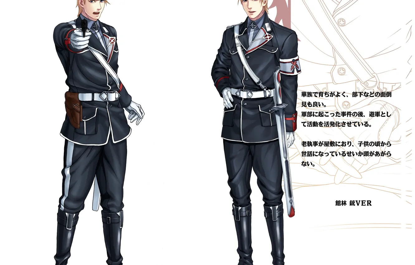 Photo wallpaper gun, boots, characters, white background, guy, holster, military uniform, visual novel