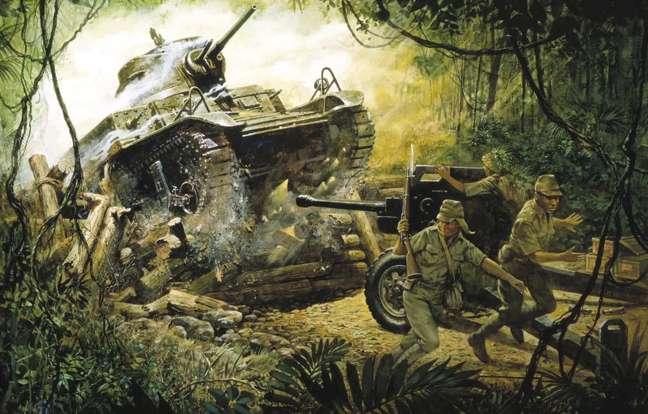 Photo wallpaper war, jungle, tank, gun, Japanese