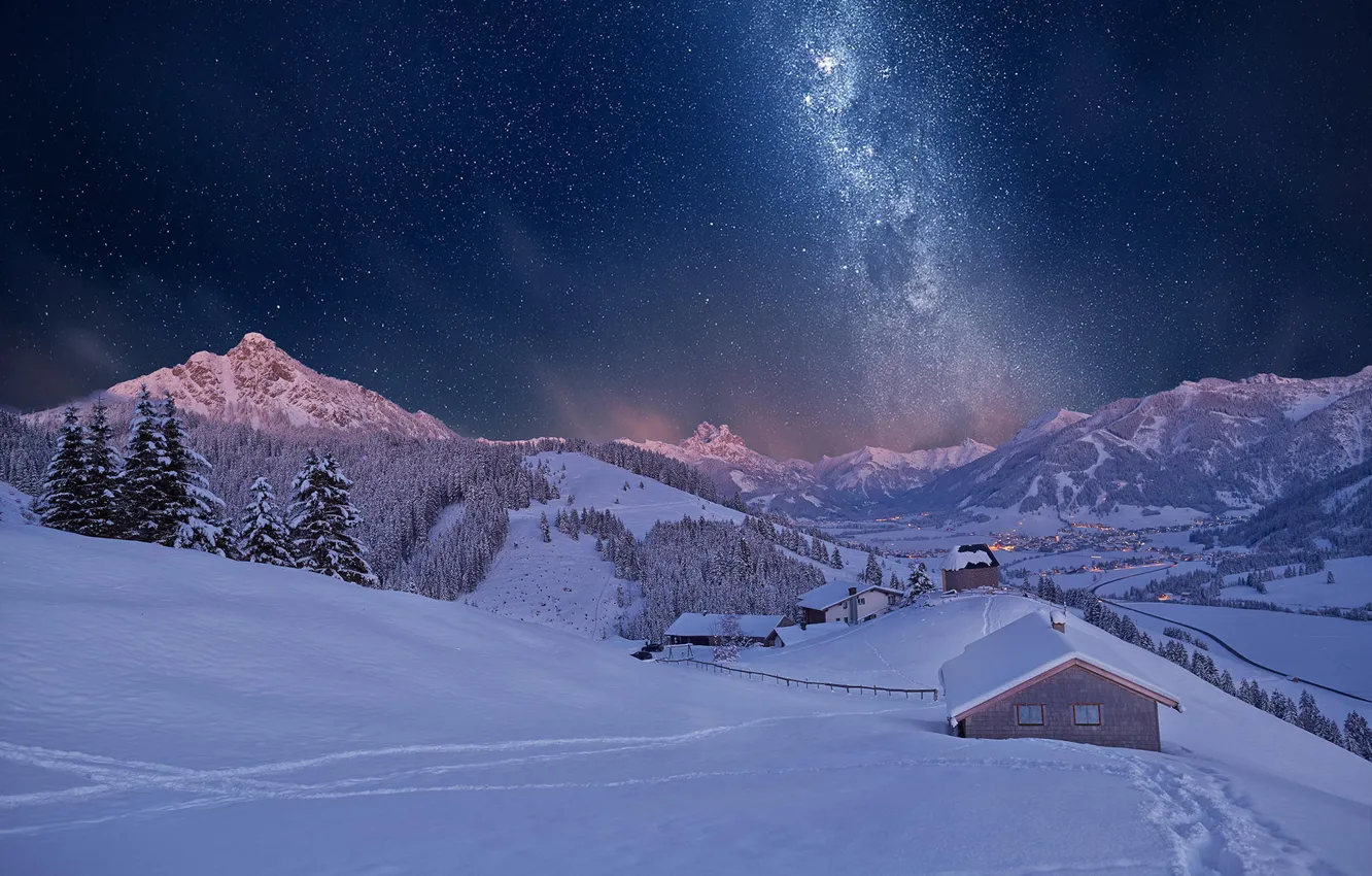 Photo wallpaper winter, snow, mountains, night, house