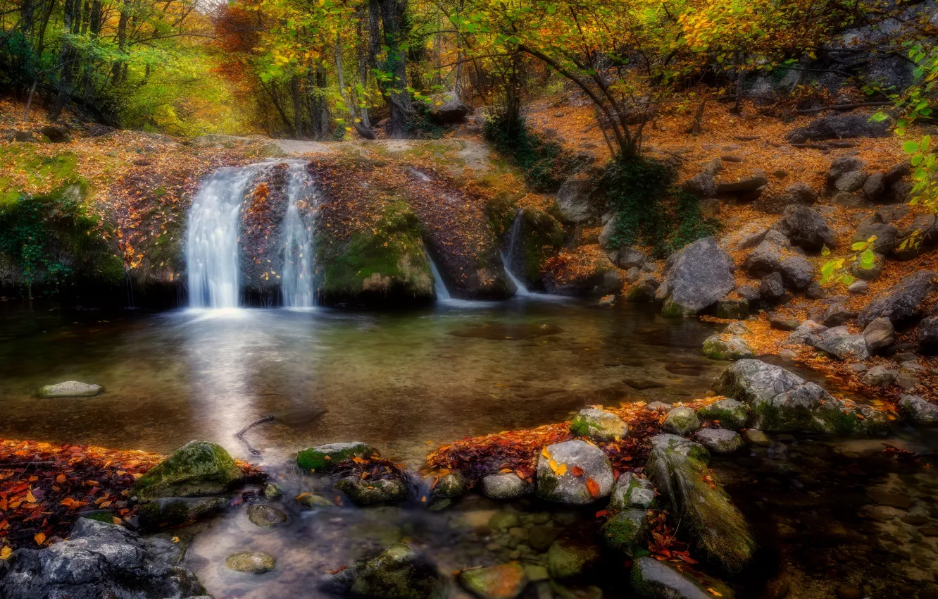 Photo wallpaper autumn, forest, landscape, nature, river, stones, waterfall, Crimea