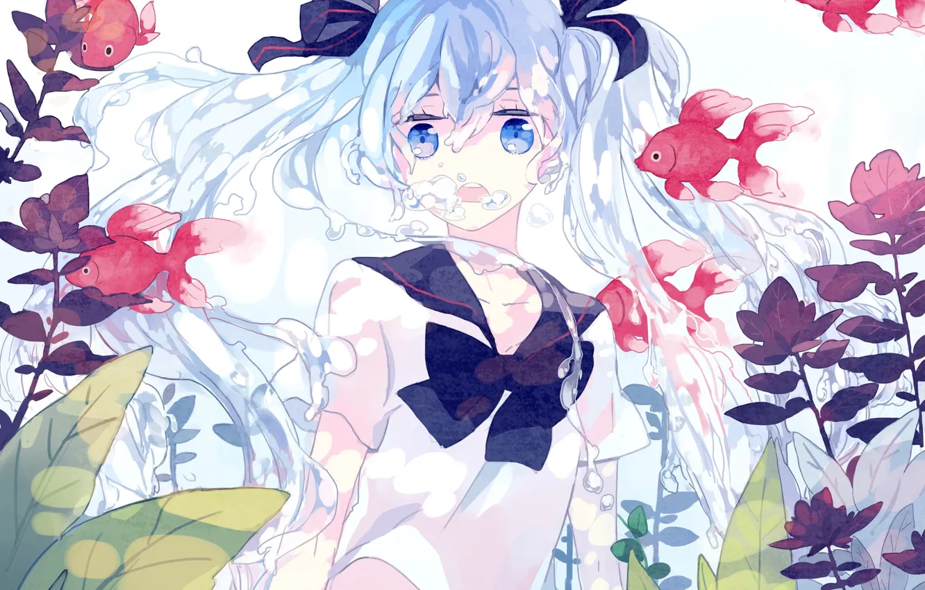 Photo wallpaper girl, fish, algae, art, form, schoolgirl, vocaloid, under water