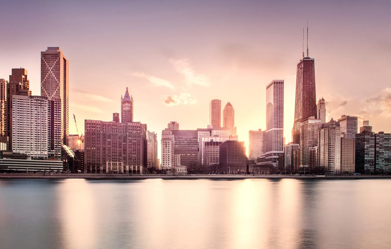 Photo wallpaper water, sunset, building, skyscrapers, Chicago, Michigan, America, Il