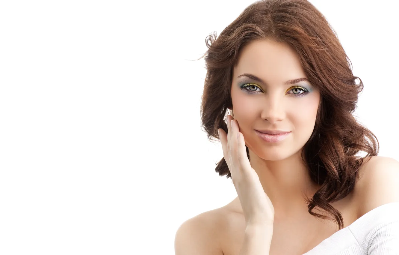 Photo wallpaper look, girl, smile, makeup, brown hair, shoulders, curls