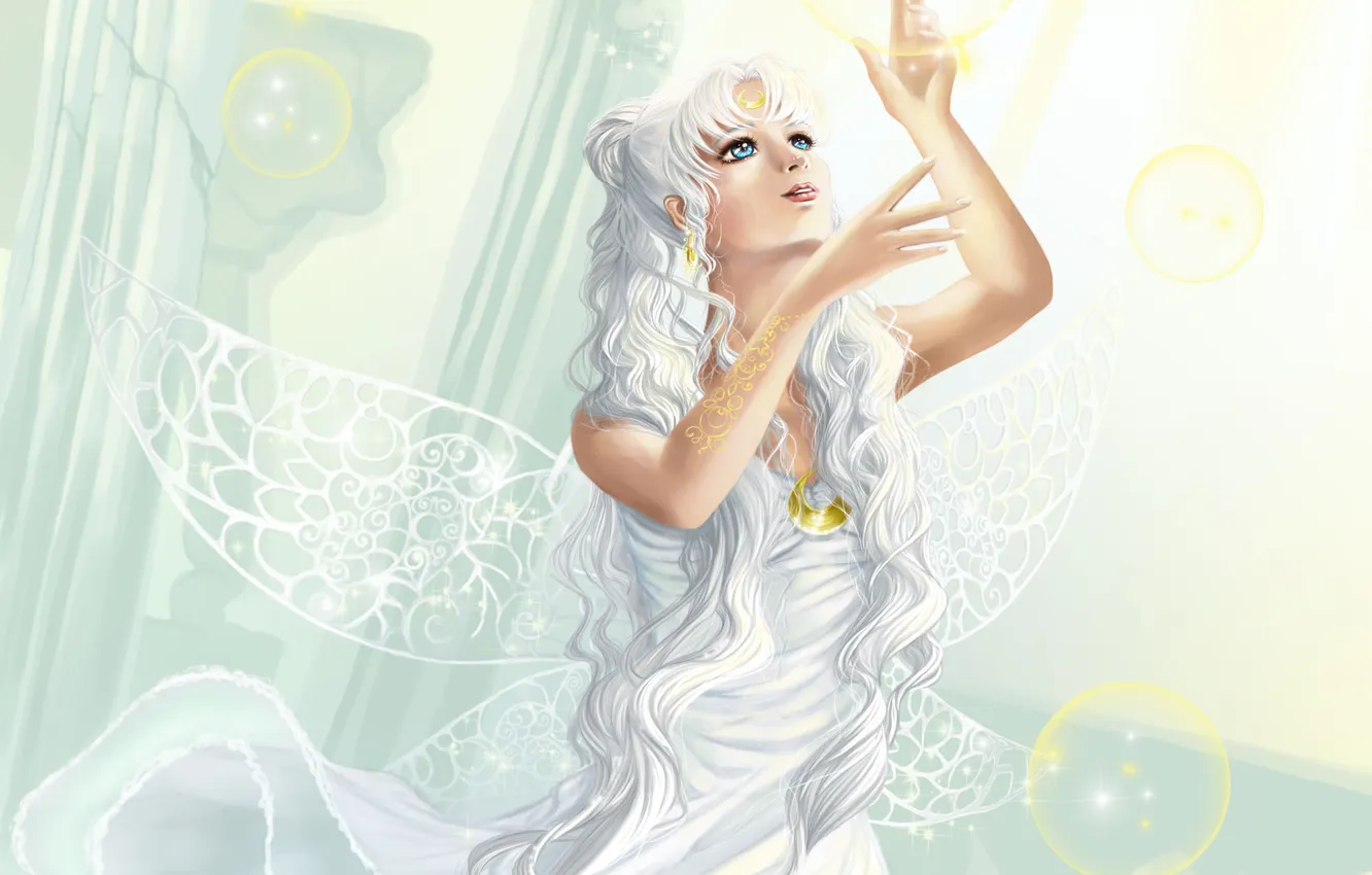 Photo wallpaper look, hair, wings, dress, white, moon queen