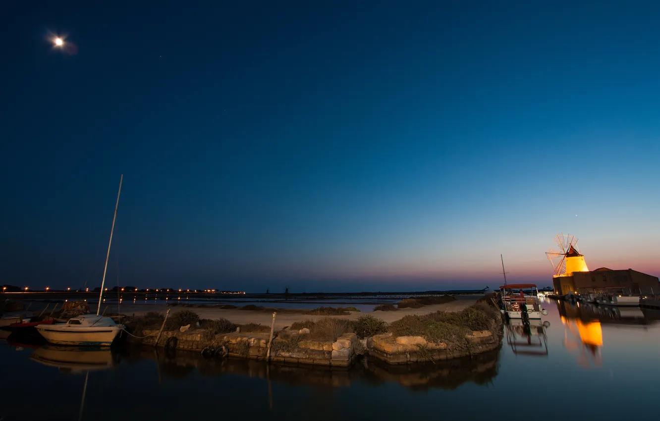 Photo wallpaper night, the moon, boat, Bay, harbour, windmill
