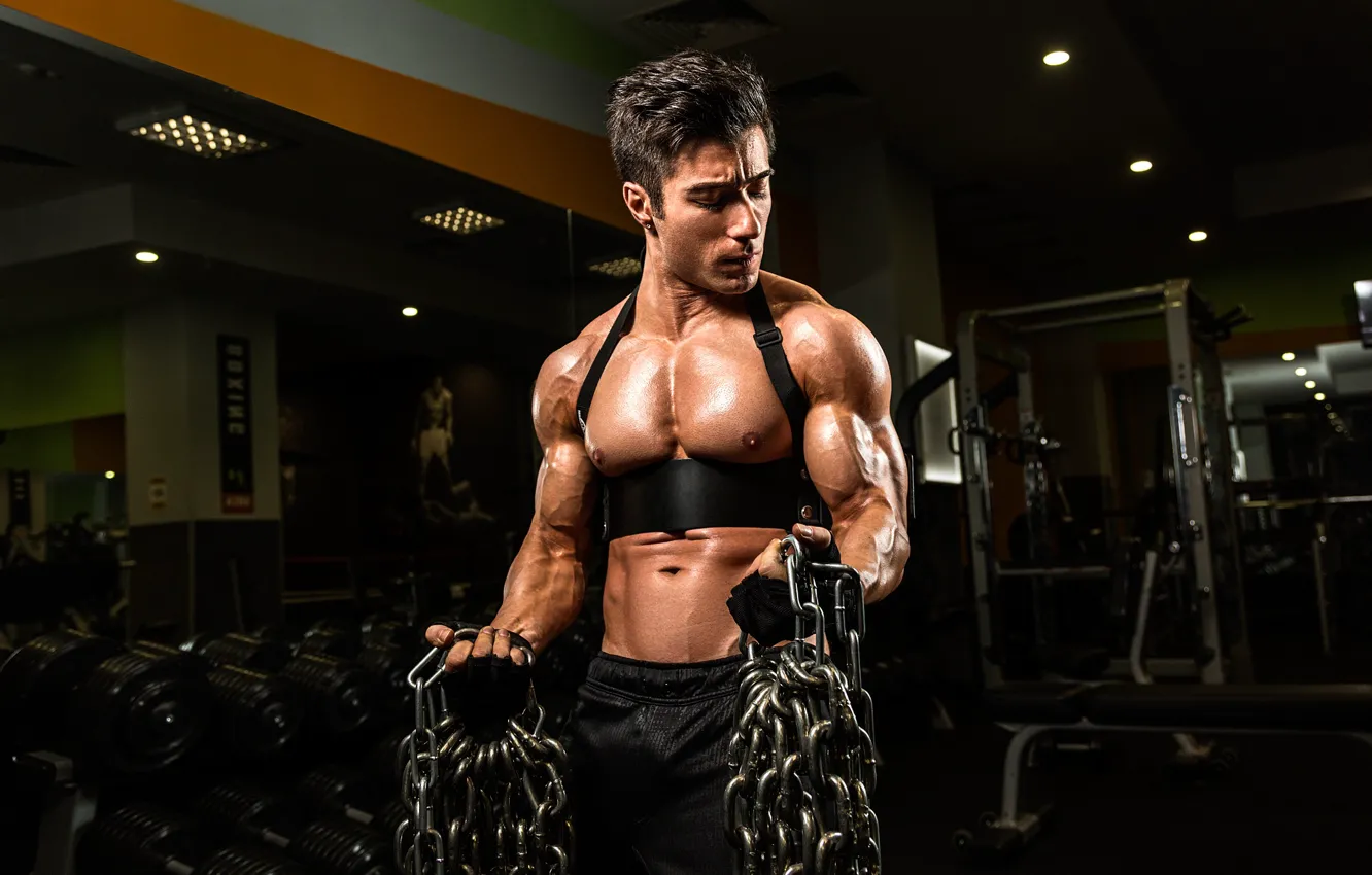 Photo wallpaper muscles, chains, muscular, arms, bodybuilder, wide pectorals