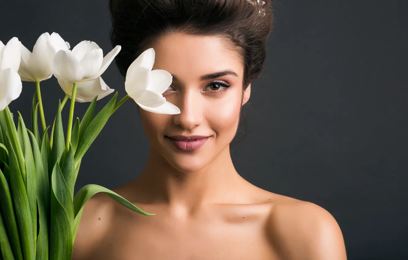 Photo wallpaper look, girl, flowers, pose, portrait, bouquet, hands, makeup