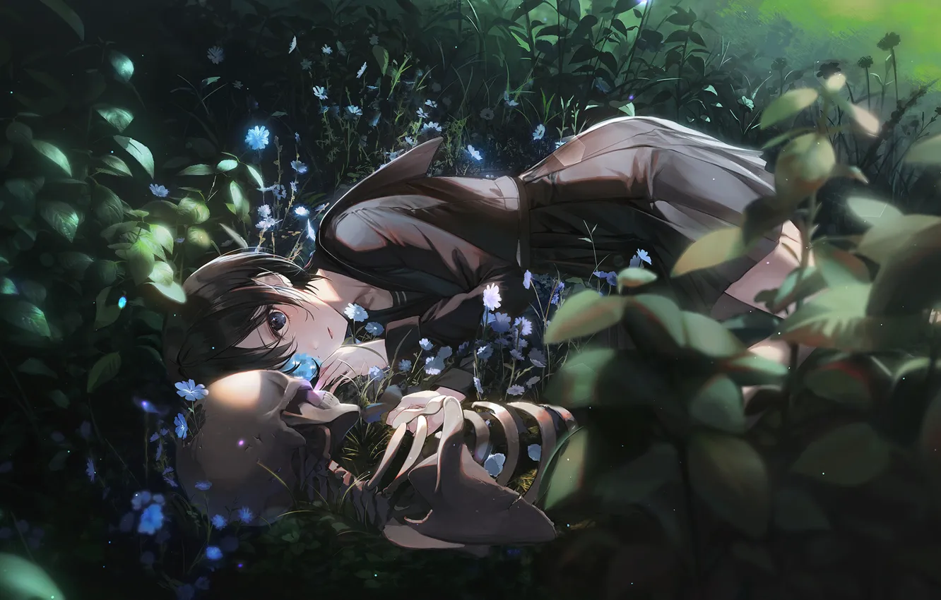 Photo wallpaper grass, girl, flowers, skeleton, school uniform