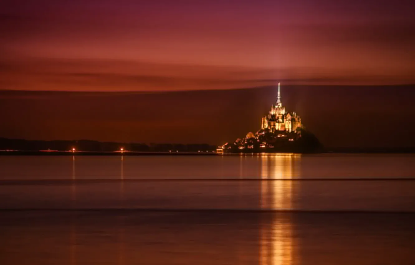 Photo wallpaper sea, the sky, night, lights, castle, France, Normandy, Mont-Saint-Michel