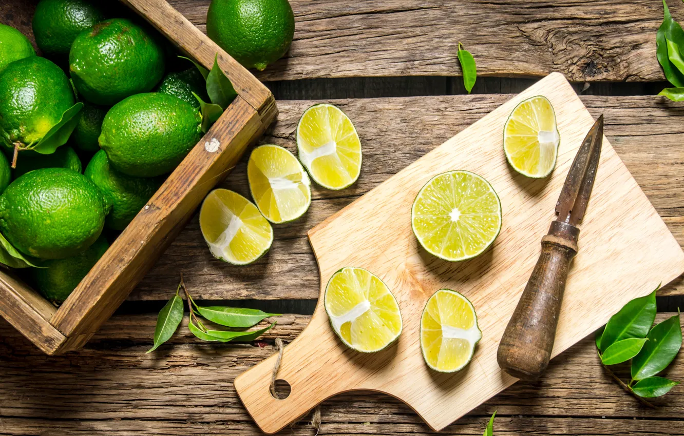 Photo wallpaper leaves, green, Board, lime, fruit, box, slices, piece