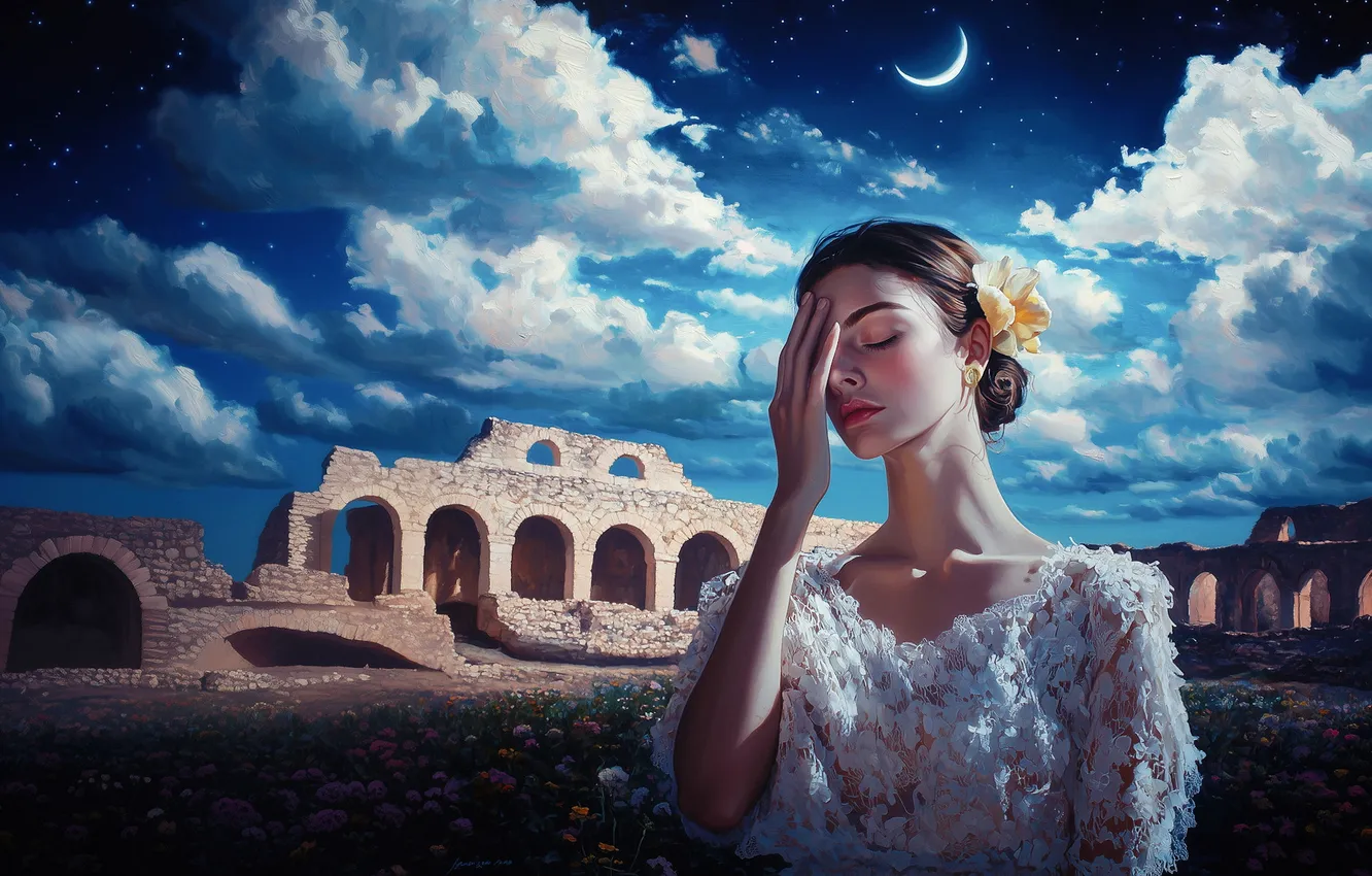 Photo wallpaper summer, girl, stars, clouds, light, flowers, night, old