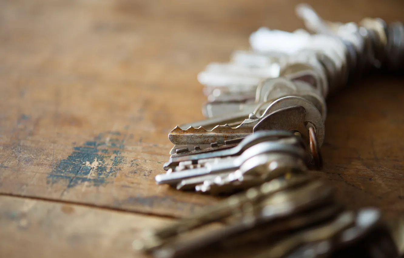 Photo wallpaper metal, wood, table, keys, rust