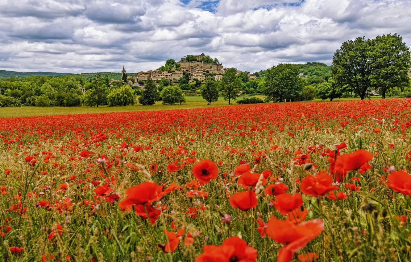 Photo wallpaper field, clouds, Maki, meadow, space, architecture, poppy field