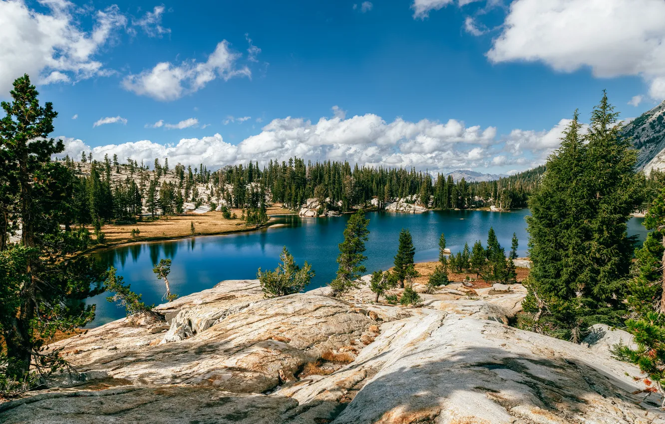 Photo wallpaper the sky, clouds, trees, mountains, lake, rocks