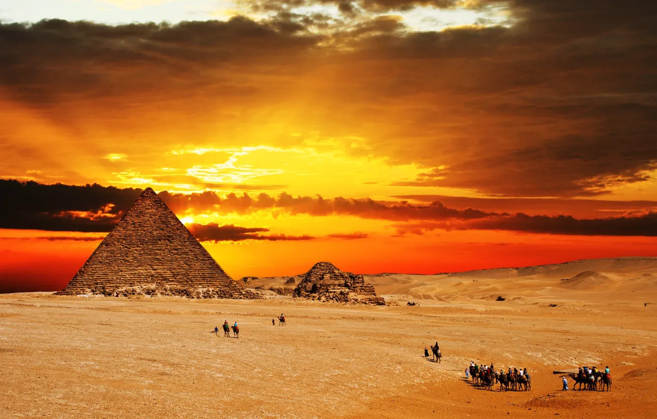 Photo wallpaper sand, sunset, desert, Pyramid, caravan