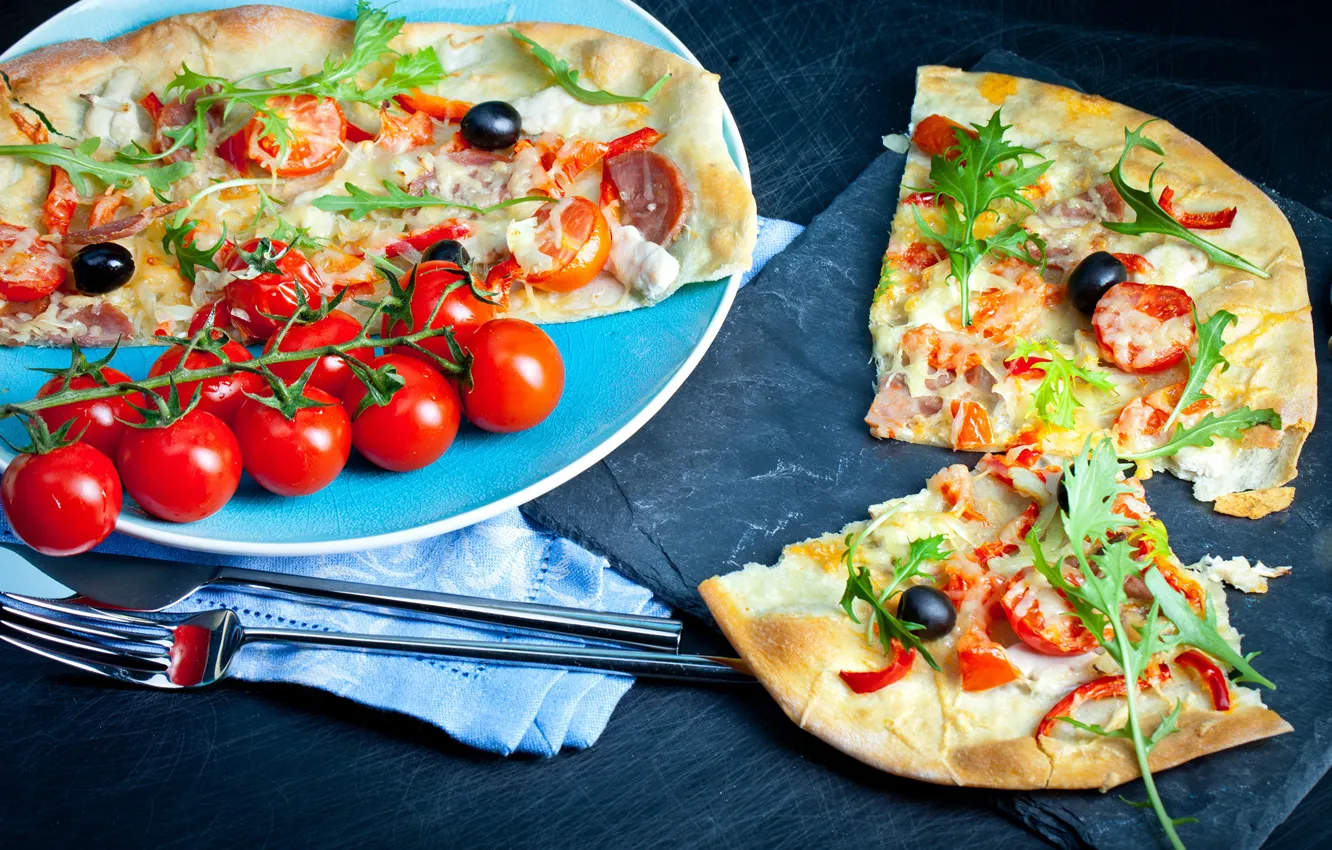 Photo wallpaper cheese, plug, pizza, tomatoes, olives, sausage