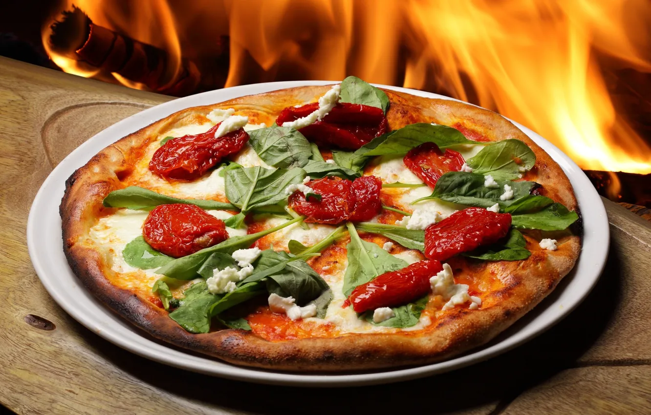 Photo wallpaper lights, pizza, tomatoes, arugula