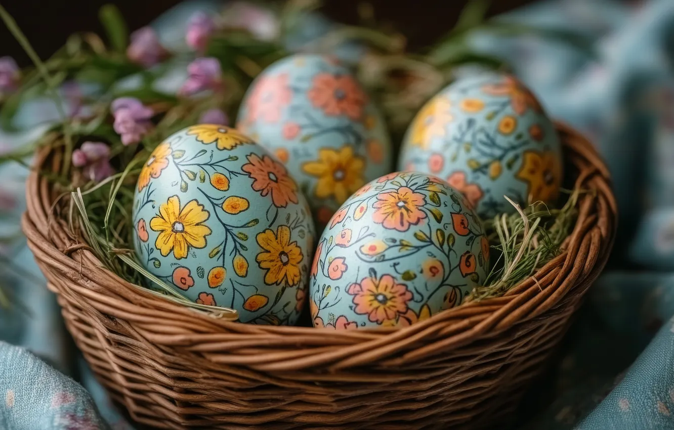 Photo wallpaper flowers, holiday, pattern, eggs, spring, Easter, basket, ornament