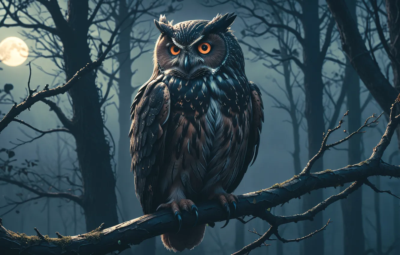 Photo wallpaper forest, night, owl, bird, owl