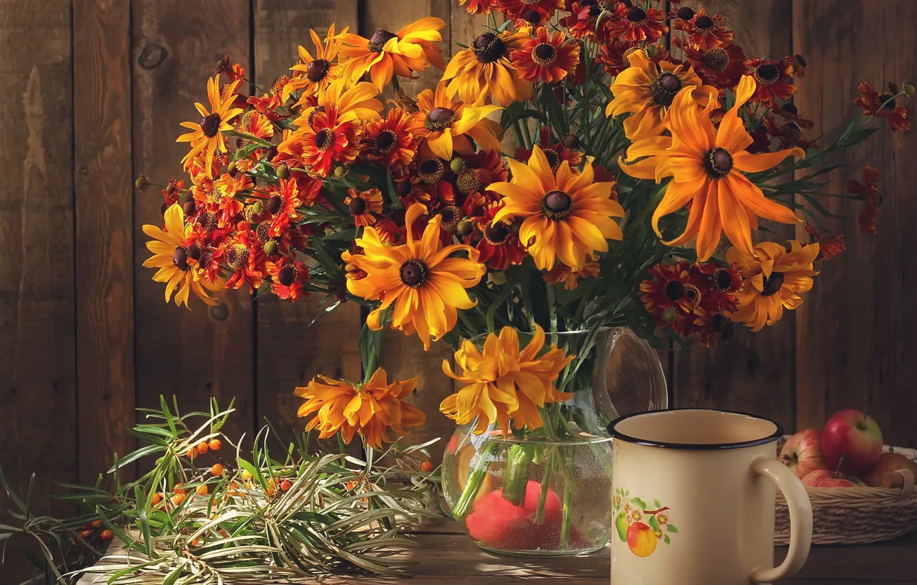 Photo wallpaper flowers, table, apples, bouquet, mug, vase, still life, zinnia