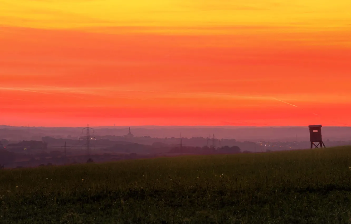 Photo wallpaper twilight, sunset, dusk, village, countryside, power line, countryside scene