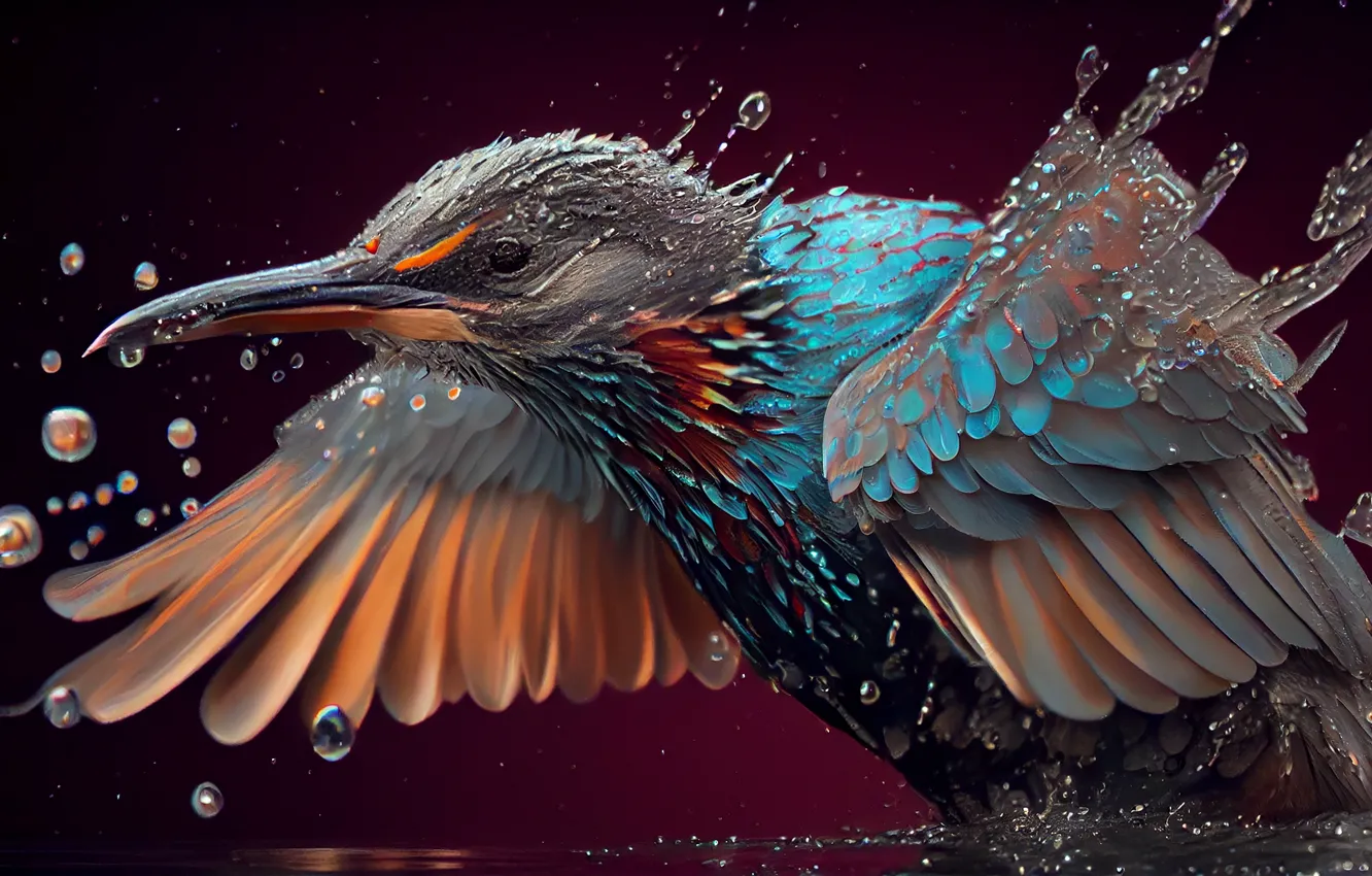Photo wallpaper Water, Bird, Wings, Squirt, The dark background, Digital art, AI art, The Art of Artificial …