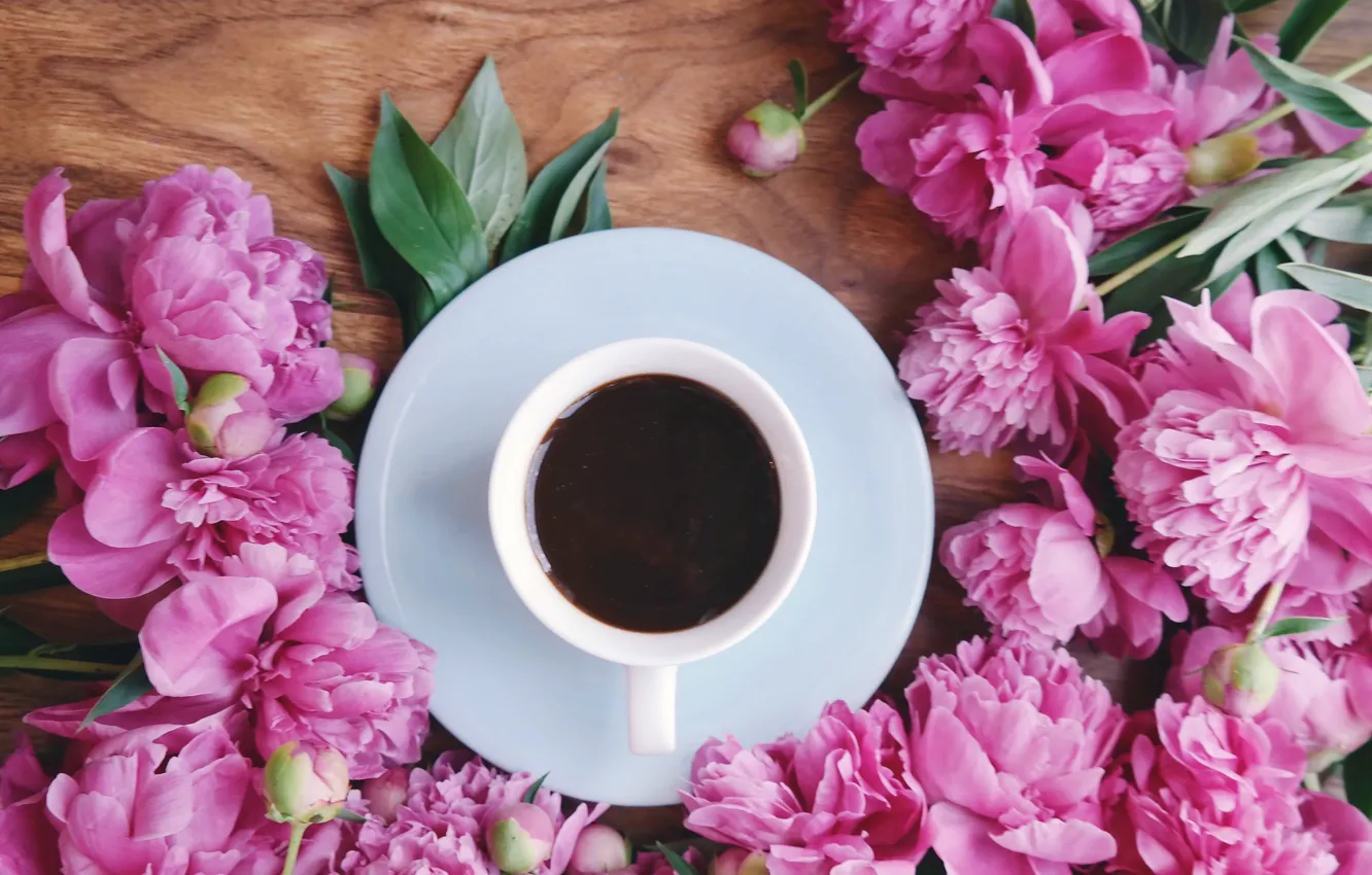 Photo wallpaper flowers, pink, wood, pink, flowers, cup, peonies, coffee