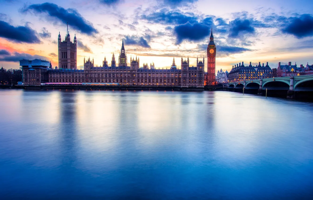 Photo wallpaper the city, river, London, Big Ben, Parliament, Velikobritaniya