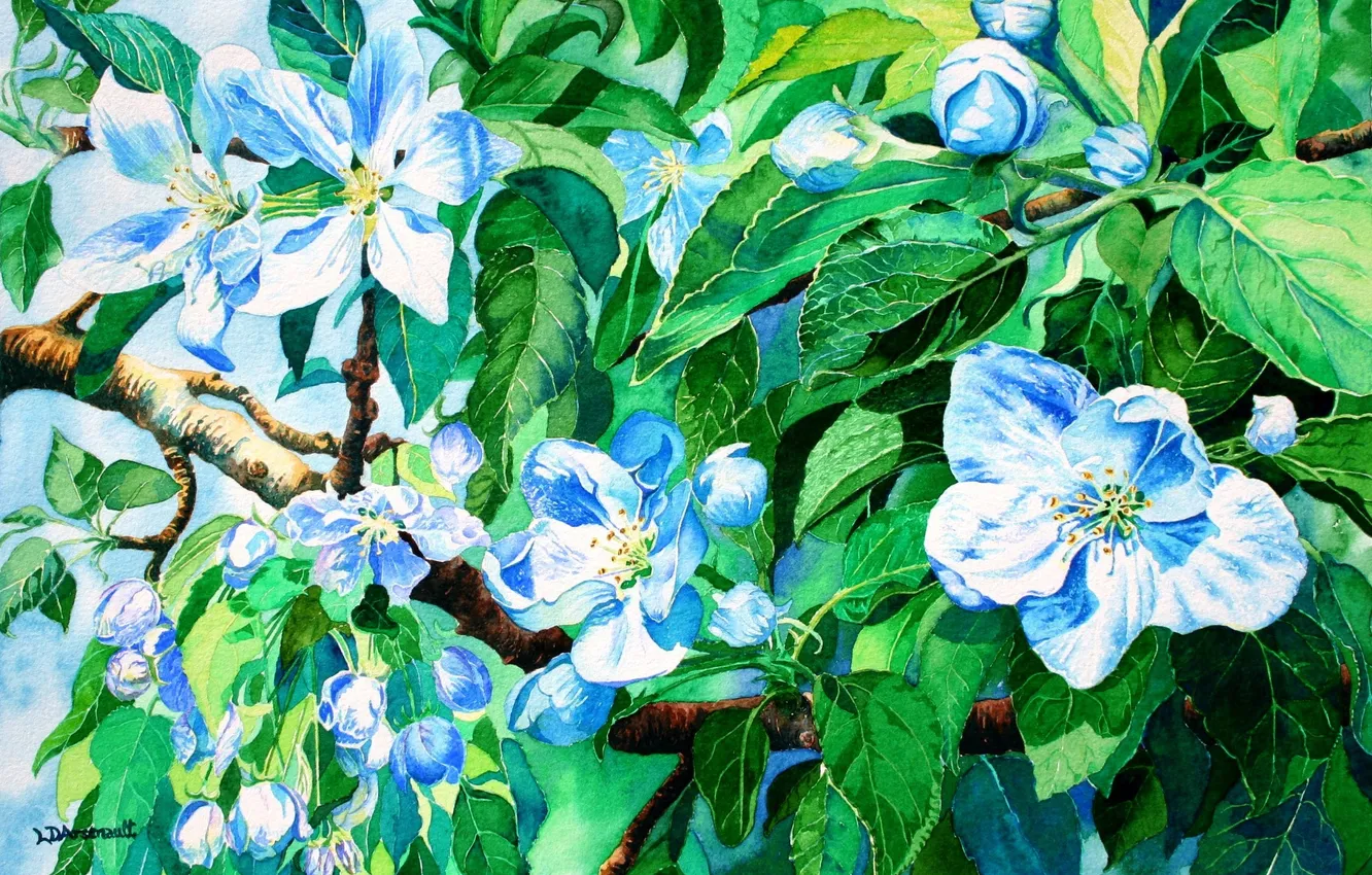 Photo wallpaper leaves, flowers, green, blue