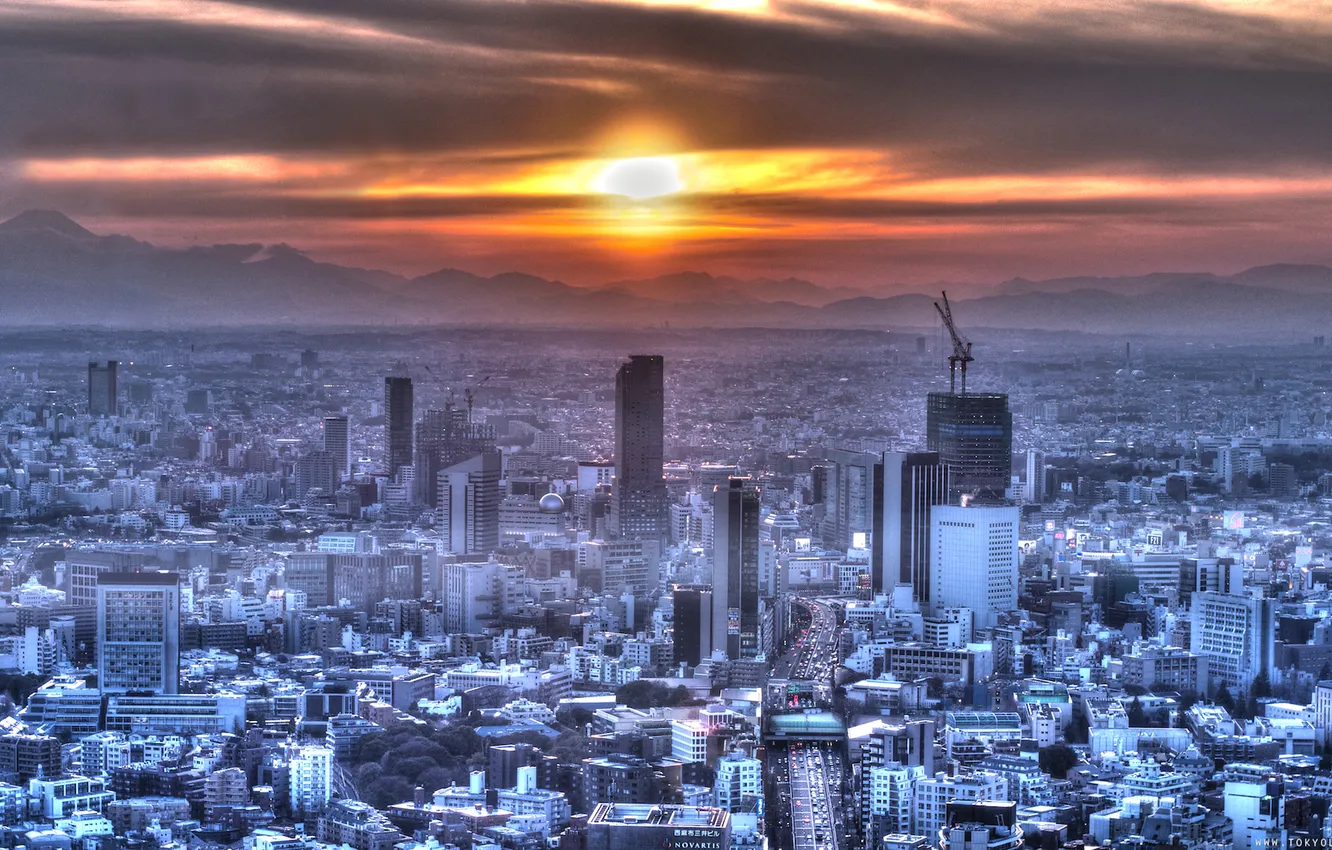 Photo wallpaper the sky, the sun, clouds, sunset, mountains, night, lights, home