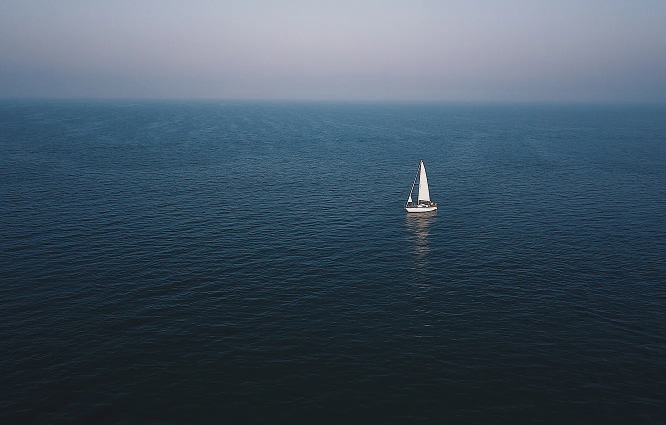 Photo wallpaper perspective, boat, morning, sail, haze, calm, infinity, the