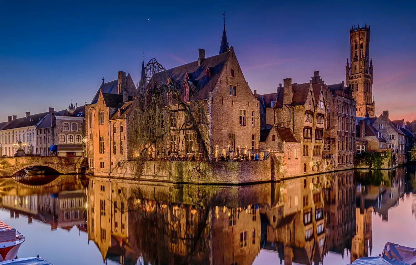 Photo wallpaper night, bridge, lights, reflection, home, channel, Belgium, Bruges