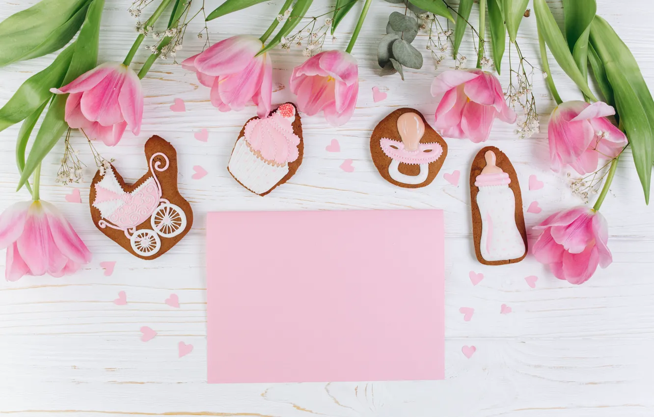 Photo wallpaper flowers, background, holiday, cookies, tulips, birth, buds, postcard