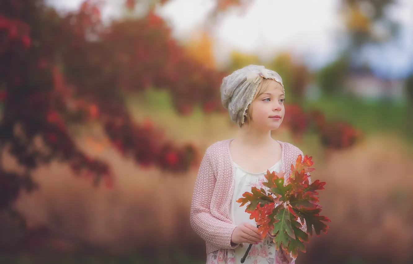 Photo wallpaper leaves, girl, bokeh, autumn portrait