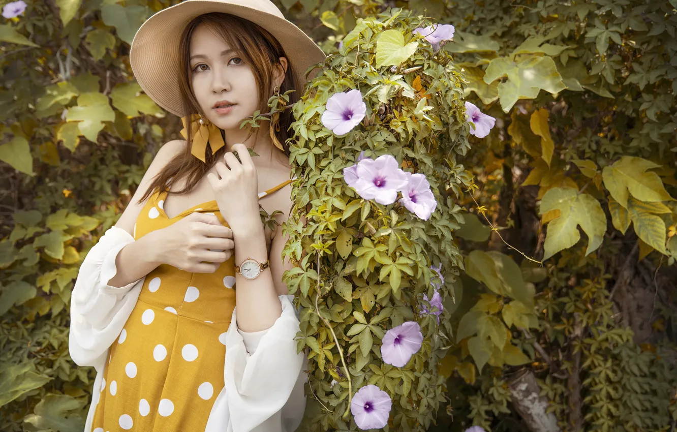 Photo wallpaper girl, flowers, Asian