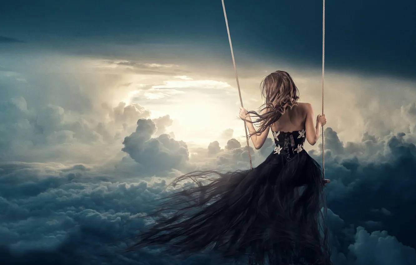 Photo wallpaper the sky, girl, swing, dress