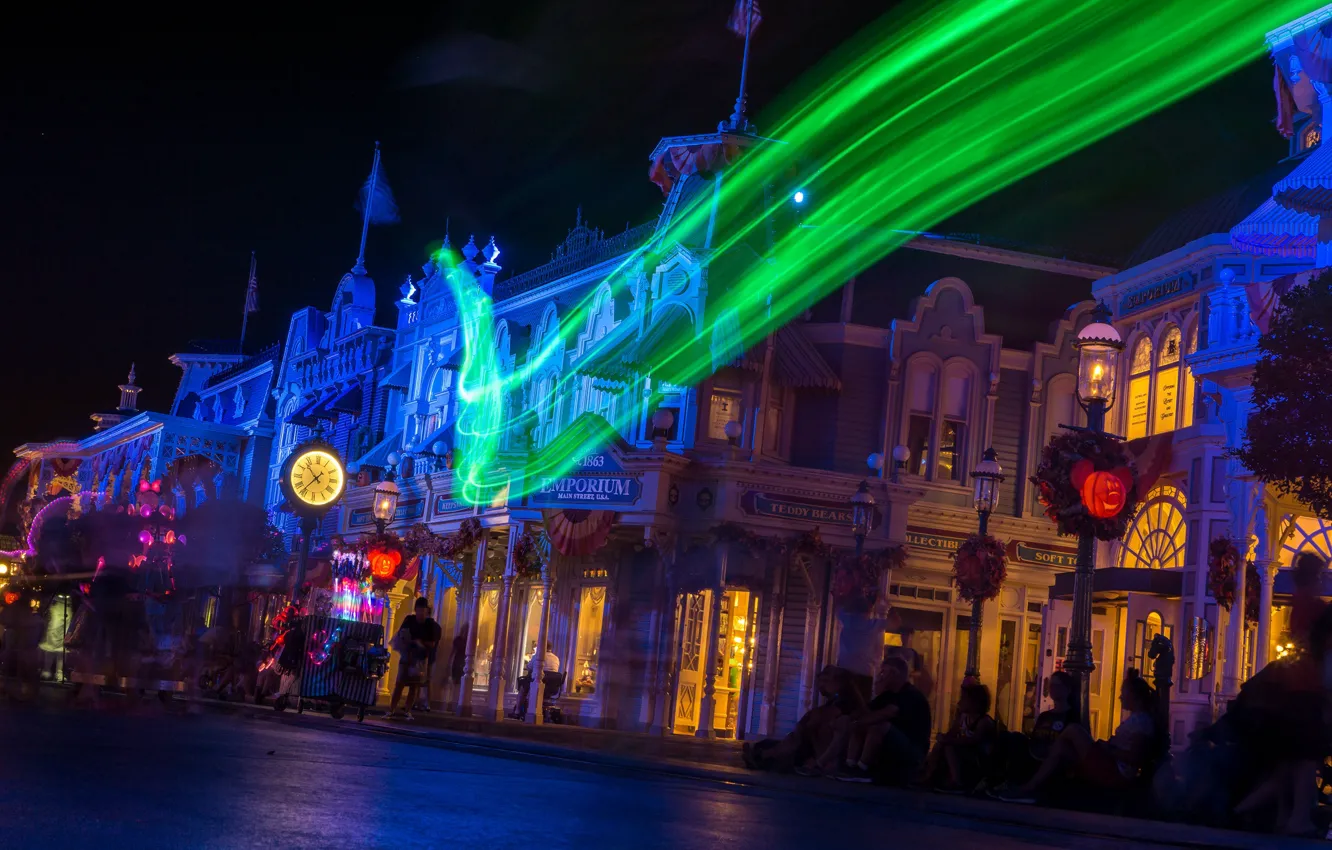 Photo wallpaper night, lights, Park, street, home, Disneyland