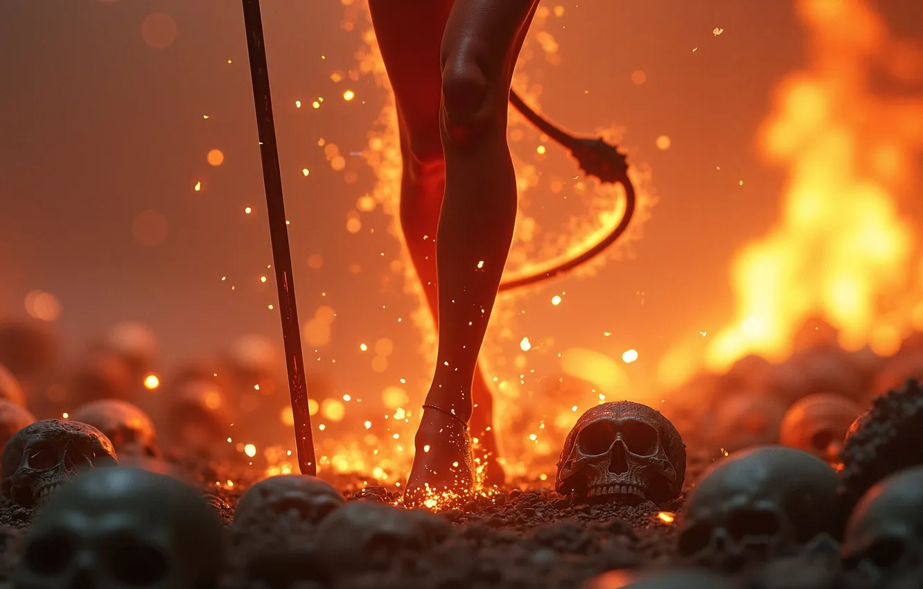 Photo wallpaper fantasy, staff, Welcome to Hell, Devil, skull on fire, tailed, the fire hyena, sparks of …