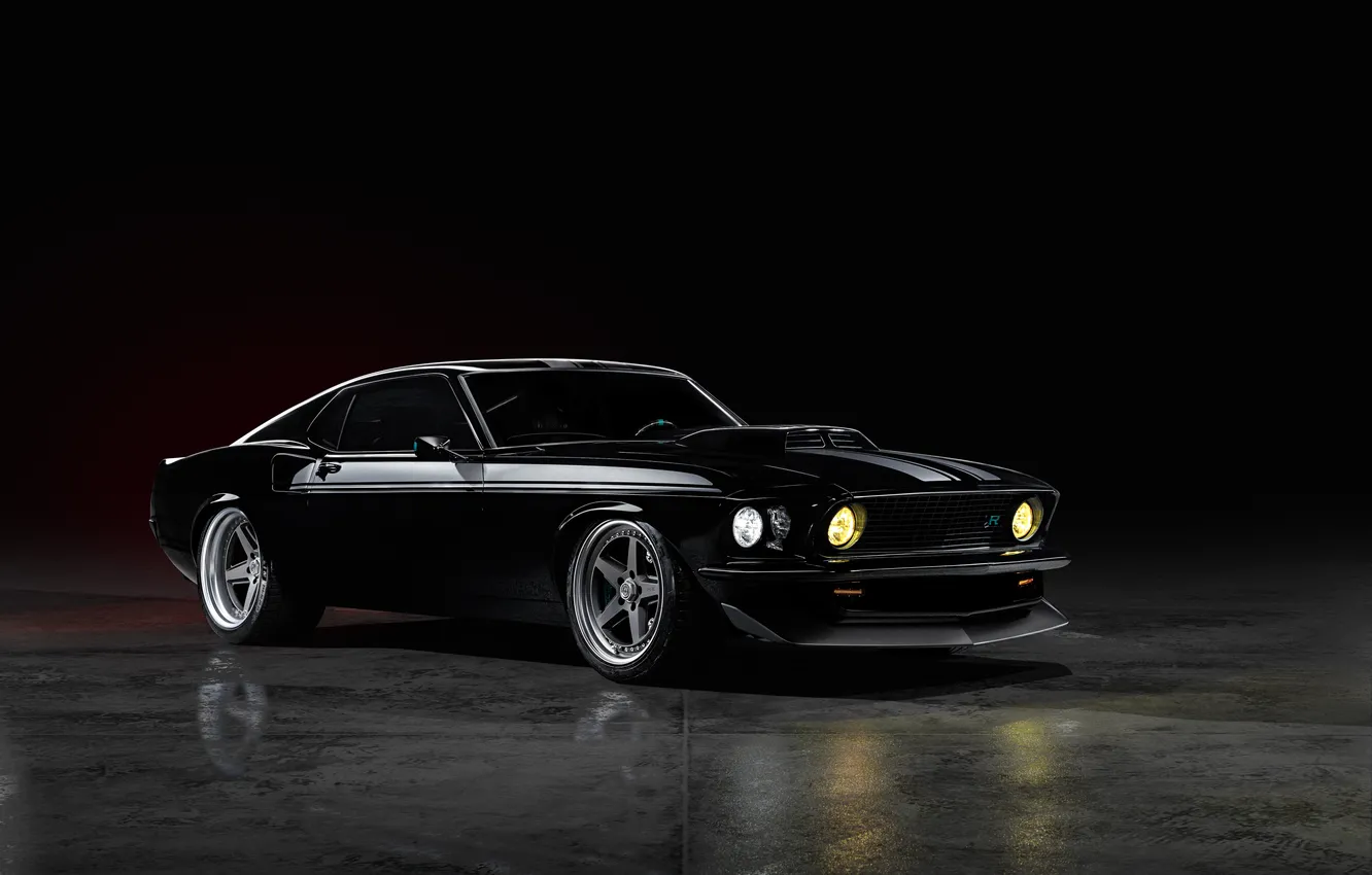 Photo wallpaper Ford, Ford Mustang, SEMA, Ringbrothers, Dark Background, Black, SEMA 2025, Kingpin