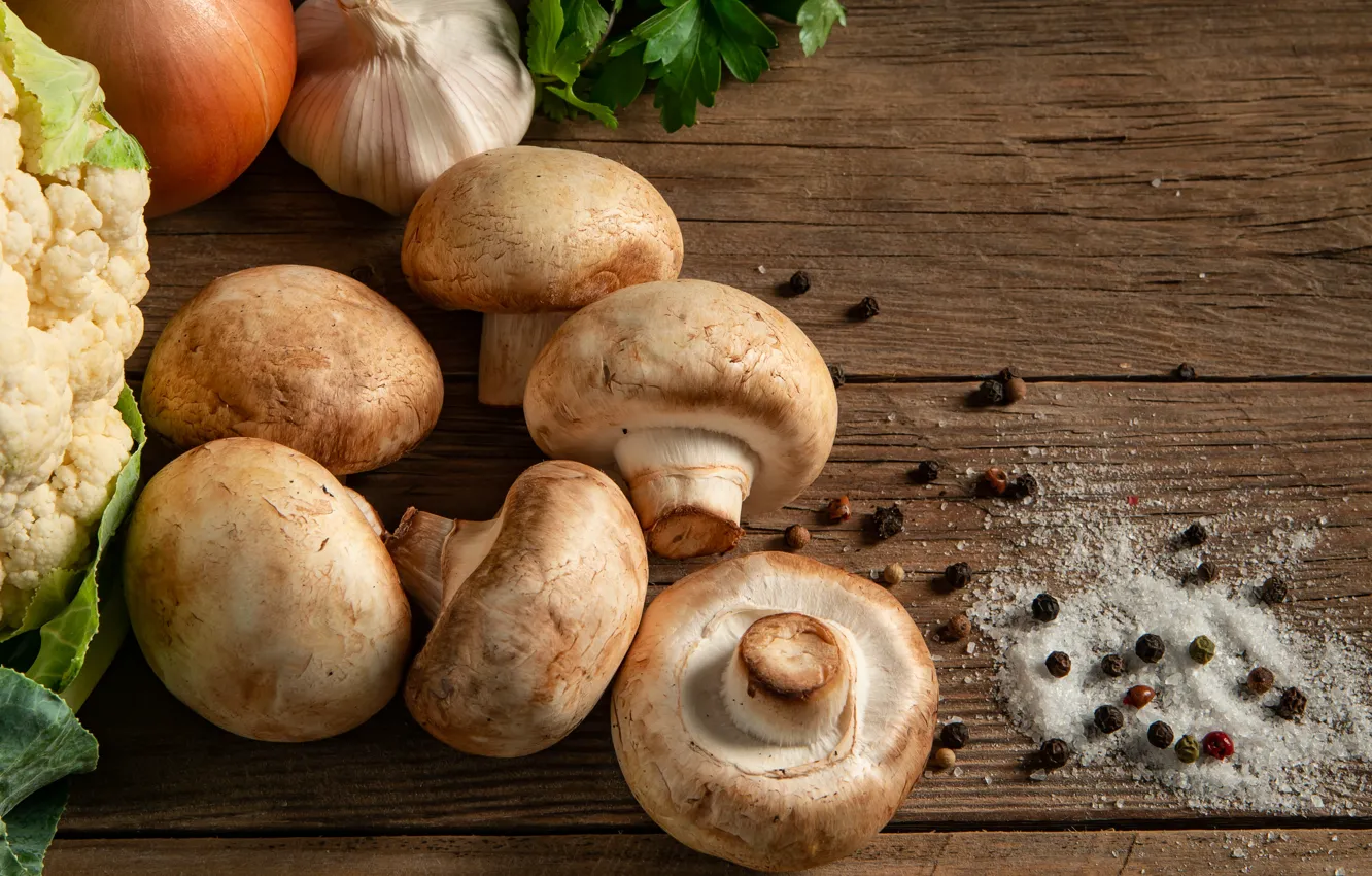 Photo wallpaper table, mushrooms, food, bow, parsley, garlic, cauliflower