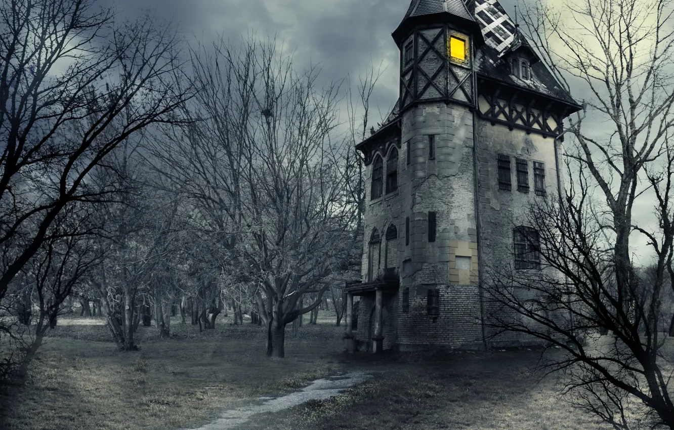 Photo wallpaper the sky, clouds, trees, night, house, castle, the moon, moon