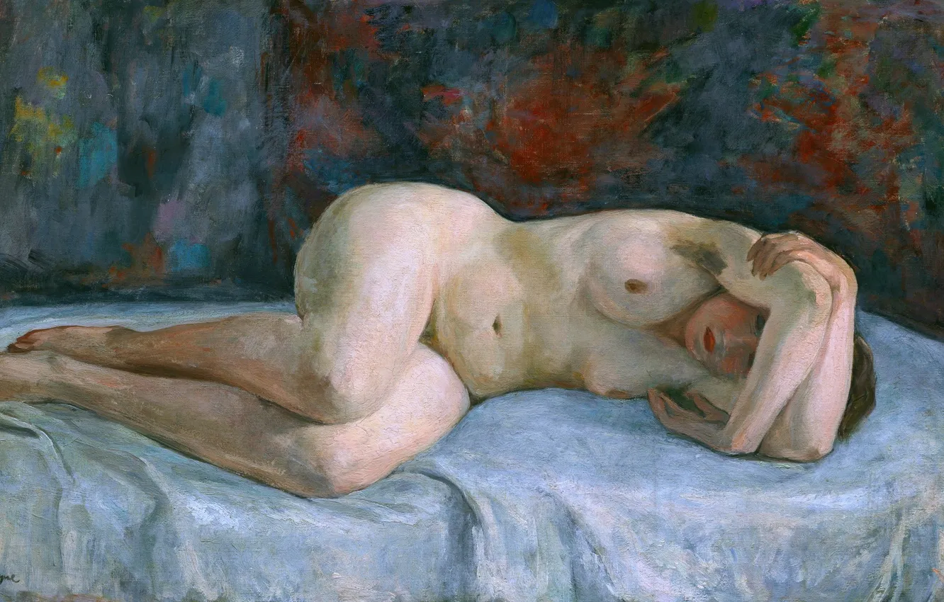 Photo wallpaper Girl, Picture, Bed, Naked, Henri Lebasque, Henri Lebacq, French artist, Naked lying with her arms …