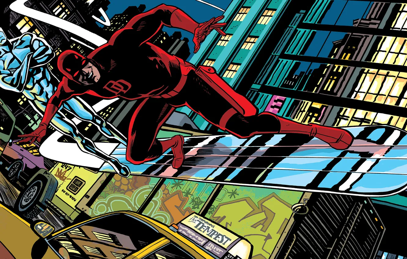 Photo wallpaper machine, the city, street, Board, Daredevil, Marvel Comics, Daredevil, silver surfer