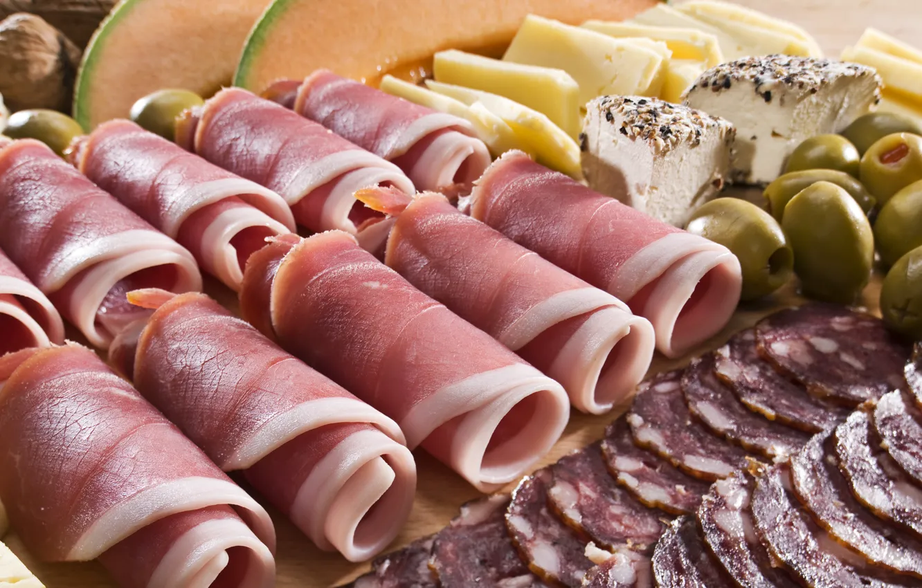 Photo wallpaper cheese, meat, nuts, olives, rolls, sausage