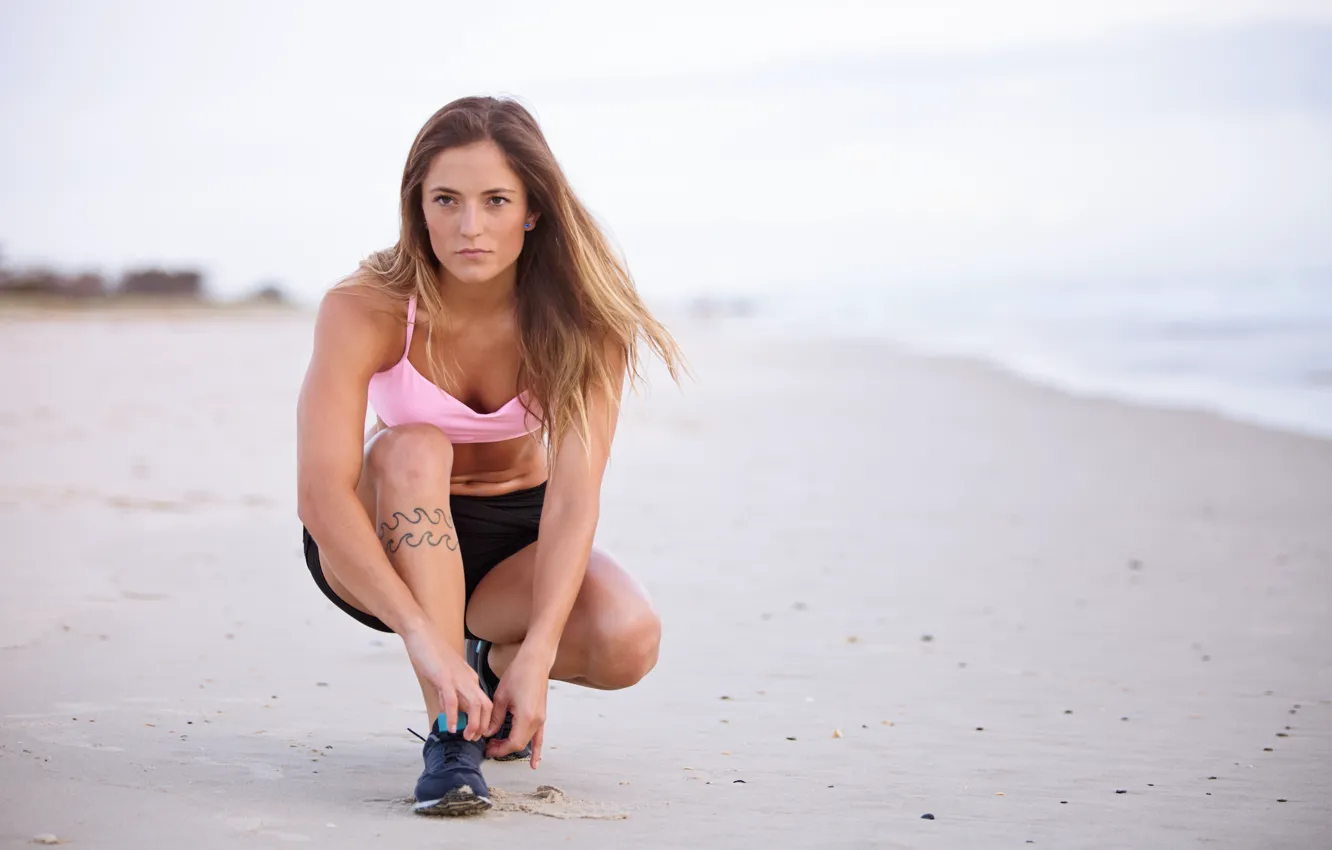 Photo wallpaper sand, sand, seashore, coast, sporty girl, a morning jog, pink top, morning jog